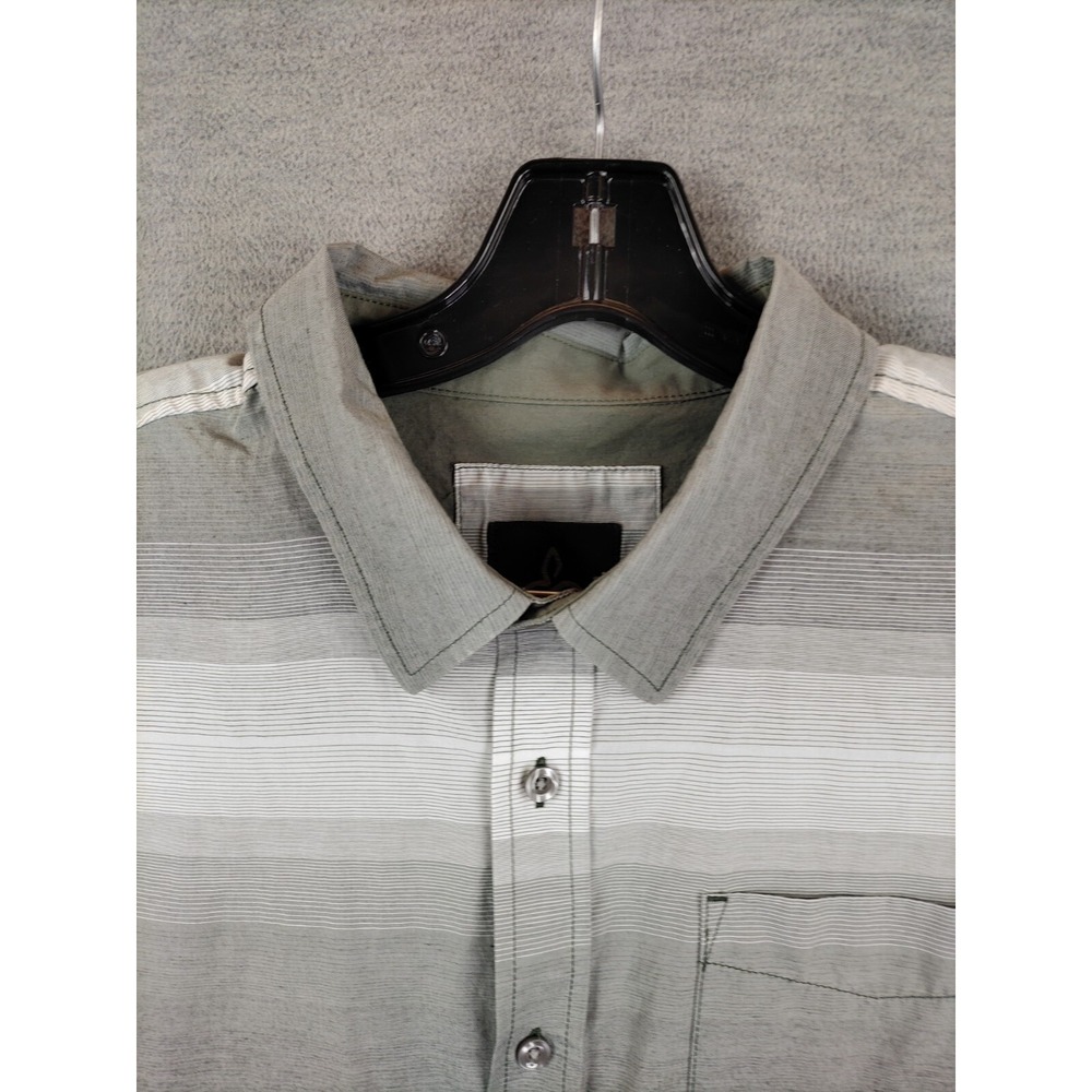 Prana Mens Shirt Large L Gray White Stripe Button Up‎ Outdoor Hiking Camping
